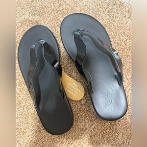 Ancient Greek Laconia Black Patent Flip Flops